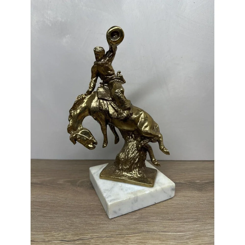 Vintage Brass Plated Bronze Bronco Buster Cowboy Statue, Marble Base Paul Herzel